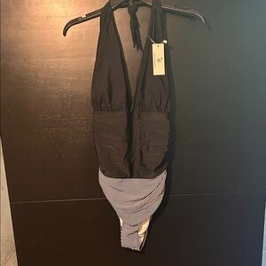 Black and White Striped Women Swim One Piece